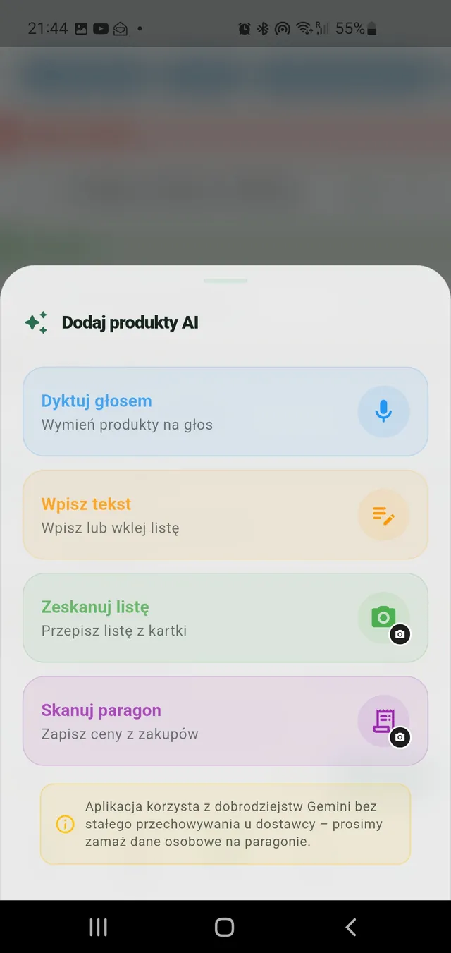 Szybkie dodawanie: ekran aplikacji