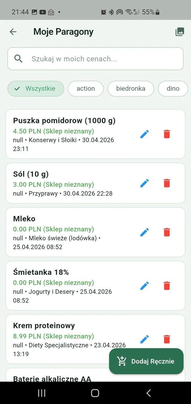 Pamięć paragonów: ekran aplikacji
