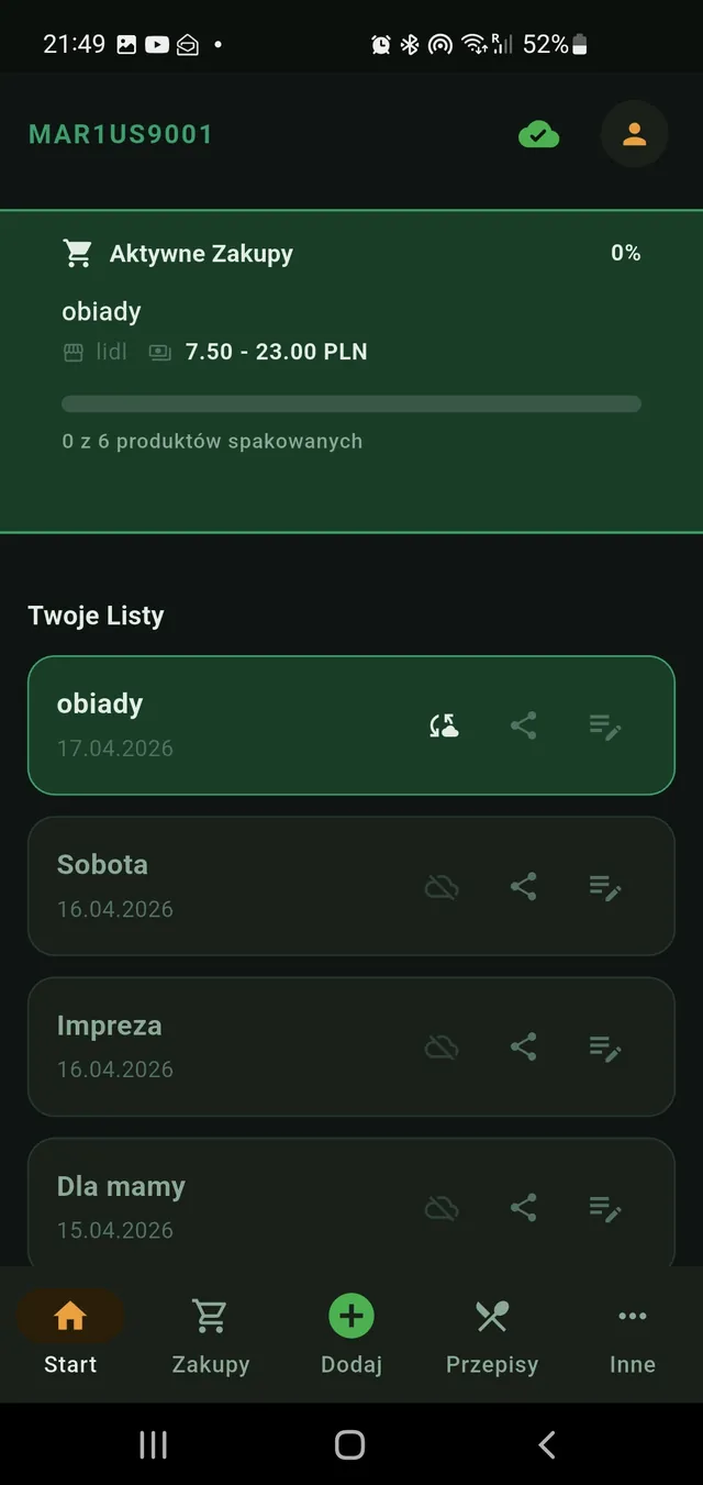 Listy zakupowe: ekran aplikacji