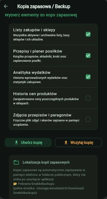 Lokalna kopia zapasowa: ekran aplikacji