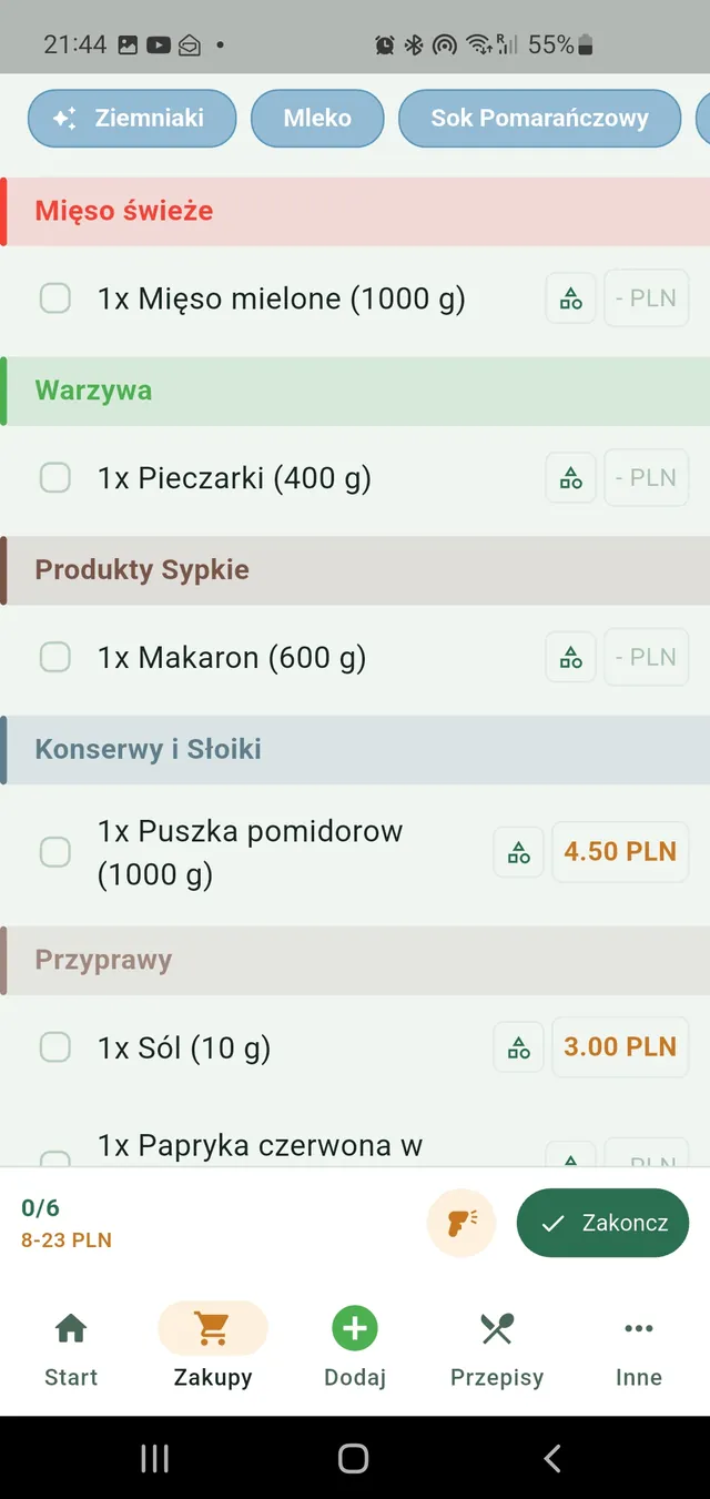 Inteligentne zakupy: ekran aplikacji
